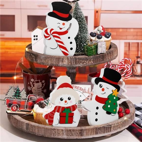 Christmas Snowman Decorations Set of 3 Wooden Tiered Tray Winter Table Decor - Picture 6 of 7